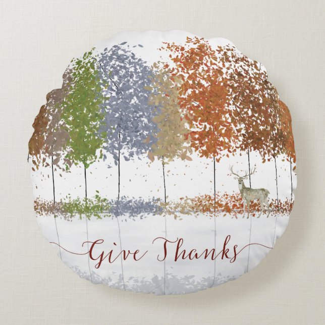 Cojín Redondo Dales gracias árboles de Acción de Gracias y cierv (Anverso)