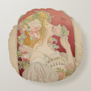 Cojín Redondo Dama Art Nouveau Belle Époque Rosas Livemont