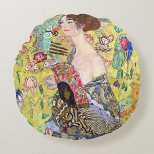 Cojín Redondo Dama con abanico de Gustav Klimt, Japonismo vintag