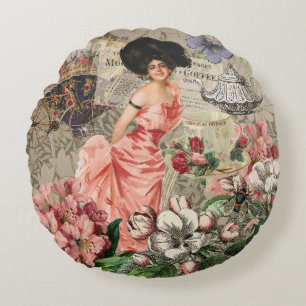 Cojín Redondo Dama de Café Mujer Victoriana Rosa Vestido Rico