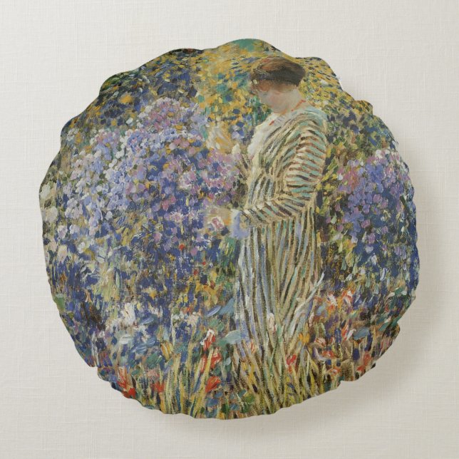 Cojín Redondo Dama en un jardín de Frederick Frieseke, Arte fino (Reverso)