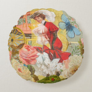 Cojín Redondo Dama victoriana mujer elegante rica ilustración ro
