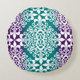 Cojín Redondo Damasco Blanco Teal Y Morado Ombre