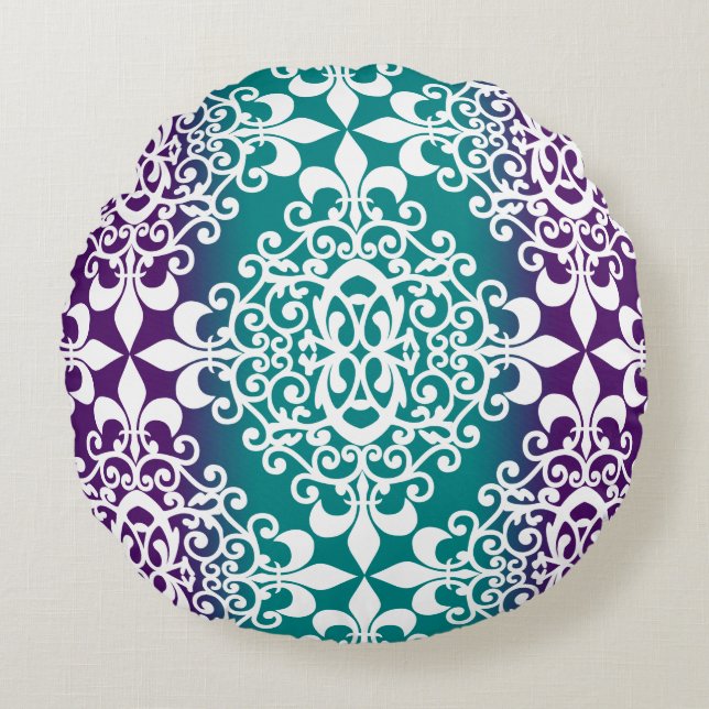 Cojín Redondo Damasco Blanco Teal Y Morado Ombre (Anverso)