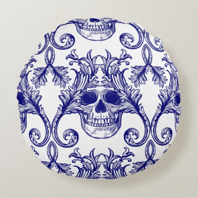 Cojín Redondo damasco bohemio, adorno sin costura. (Anverso)