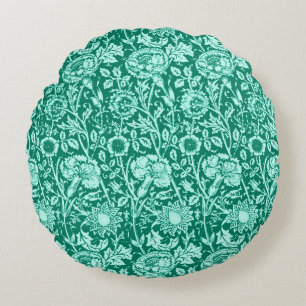 Cojín Redondo Damasco de Clavel Art Nouveau, Turquesa y Aqua