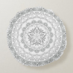 Cojín Redondo Damasco de Flora Blanca Gris Mandala