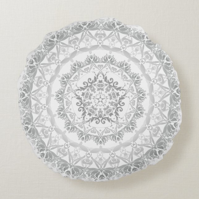 Cojín Redondo Damasco de Flora Blanca Gris Mandala (Reverso)