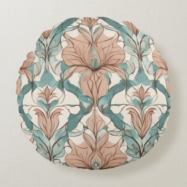 Cojín Redondo Damasco de Floral Rosa Botánica Moderno (Anverso)