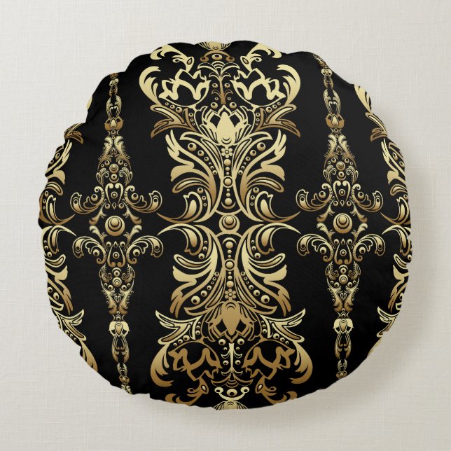 Cojín Redondo Damasco de oro, patrón árabe floral. (Anverso)