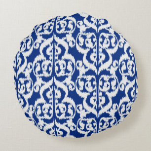 Cojín Redondo Damasco del Moorish de Ikat - azul y blanco de