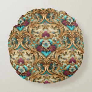 Cojín Redondo Damasco Ornate Turquesa y Dorado