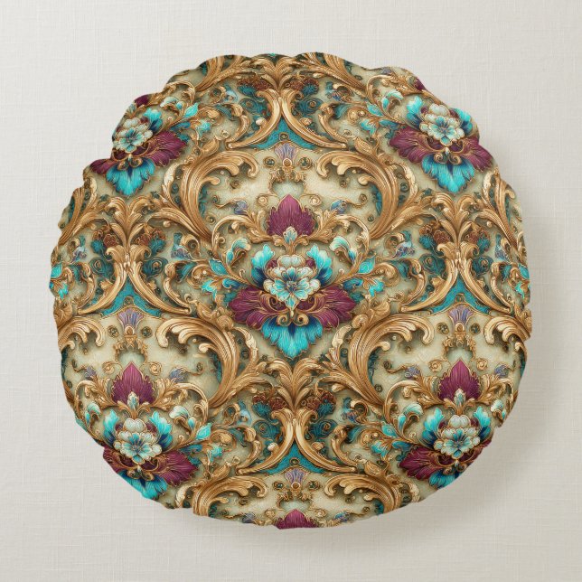 Cojín Redondo Damasco Ornate Turquesa y Dorado (Anverso)