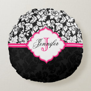 Cojín Redondo Damascos florales blancos y rosados negros