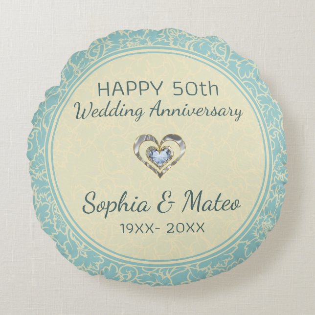 Cojín Redondo Damascos Florales Pastel Azul Y Crema (Anverso)