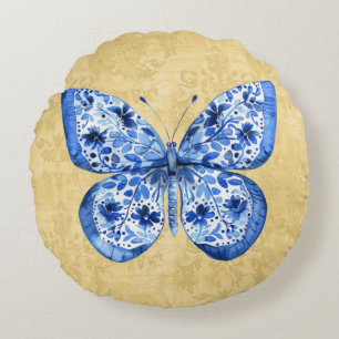 Cojín Redondo Dámpara de oro de antigüedades de mariposa blanca 