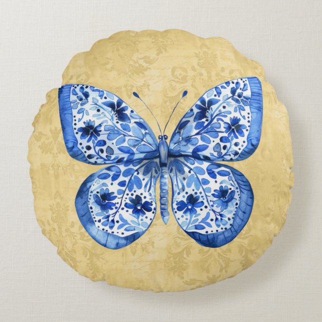 Cojín Redondo Dámpara de oro de antigüedades de mariposa blanca  (Anverso)