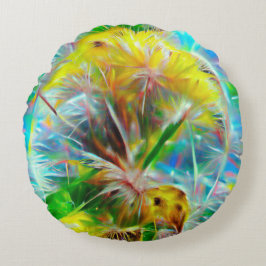 Cojín Redondo Dandelions etéreos en Neon Dreamscape