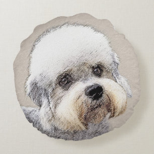Cojín Redondo Dandie Dinmont Terrier Pintura Original De Perro