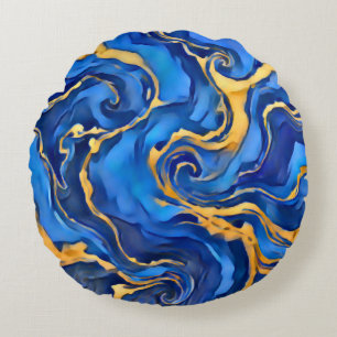 Cojín Redondo Danza Real Riqueza Azul Real Oro Fluyente Abstract