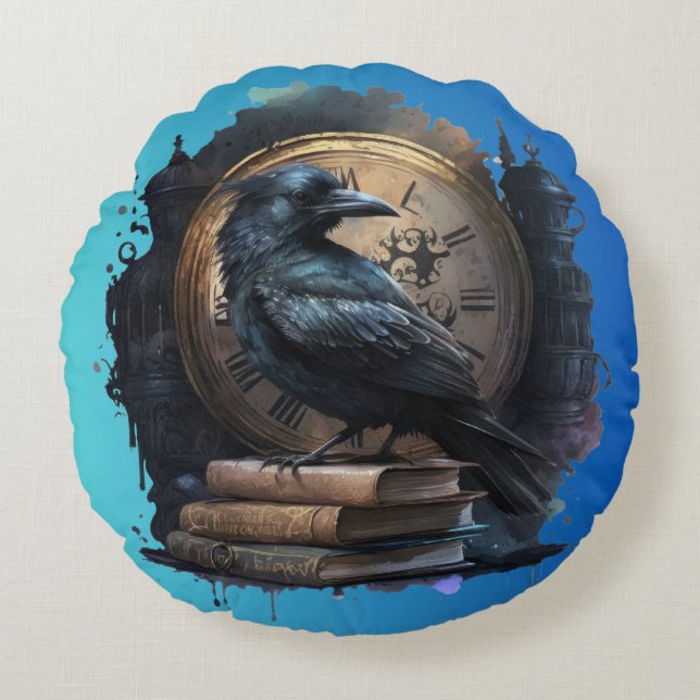 Cojín Redondo Dark Academia Crow and Clock Pillow (Anverso)