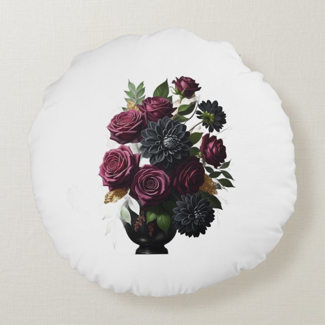 Cojín Redondo Dark Burgundy Roses and Black Dahlias (Reverso)