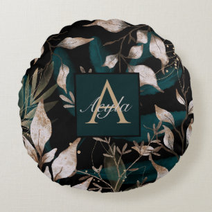 Cojín Redondo Dark Modern Boho Botanicos Leaves Monograma
