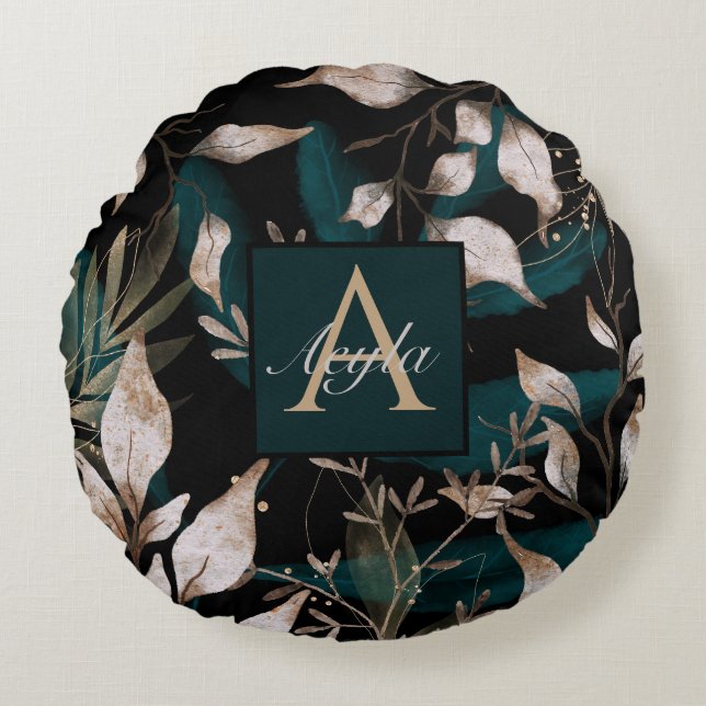 Cojín Redondo Dark Modern Boho Botanicos Leaves Monograma (Anverso)