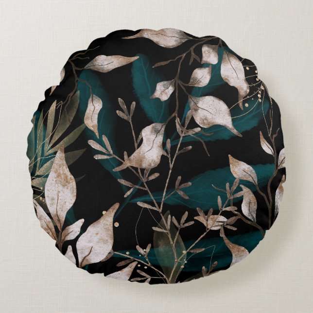 Cojín Redondo Dark Modern Boho Hojas Botánicas (Anverso)