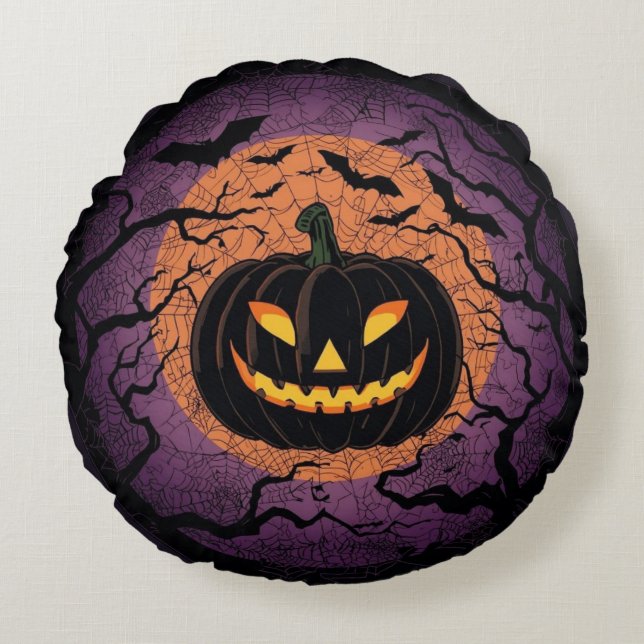 Cojín Redondo de Jack-O'-Lantern Negro (Anverso)