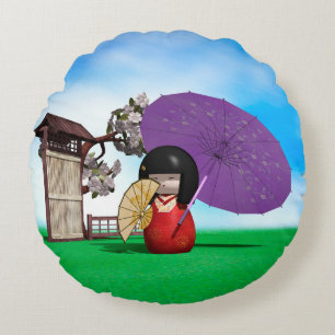 Cojín Redondo Decoración de guardería con muñeca Kokeshi Japones