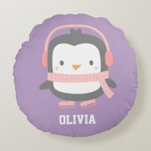 Cojín Redondo Decoración de habitación de niñas con pingüino lin