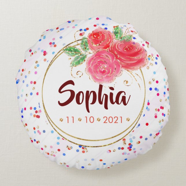 Cojín Redondo Decoración personalizada para niños, flor chica pu (Reverso)