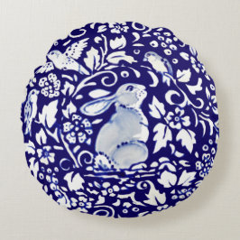 Cojín Redondo Dedham Delft, único conejo blanco y azul oscuro