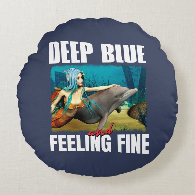 Cojín Redondo Deep Blue y Feed Fine Mermaid and Dolphin (Anverso)