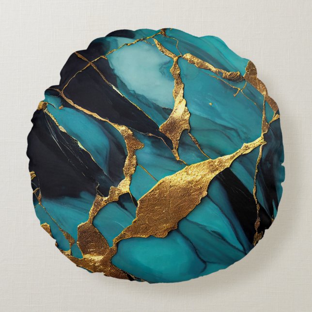 Cojín Redondo Deep Teal Marble with Bold Gold Veins (Anverso)
