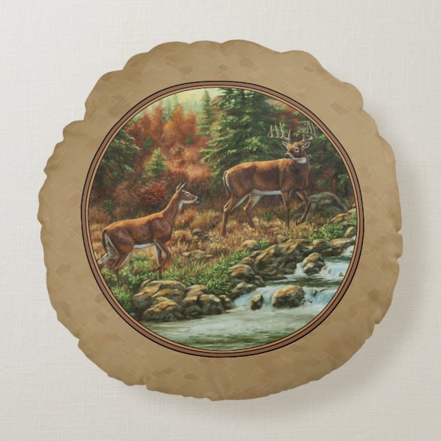 Cojín Redondo Deer and Stream Waterfall Tan (Anverso)
