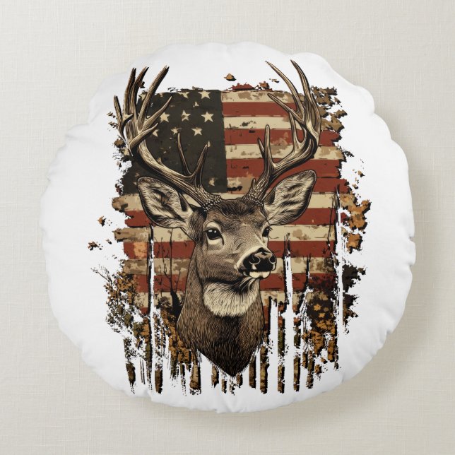 Cojín Redondo Deer, Buck Season USA Flag (Anverso)