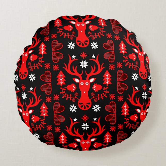 Cojín Redondo Deer de Navidades rojos escandinavos (Anverso)