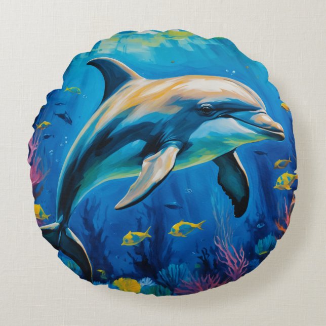 Cojín Redondo Delfín de pintura de aceite (Anverso)