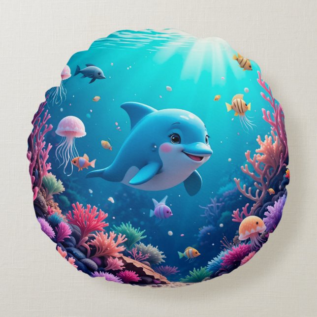 Cojín Redondo Delfín lúdico y vida marina colorida (Anverso)