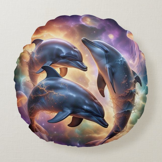 Cojín Redondo Delfines cósmicos y medusas en el espacio (Anverso)