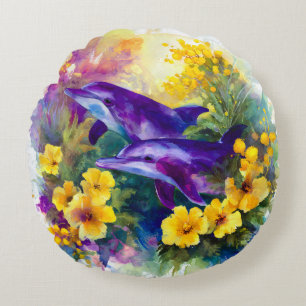 Cojín Redondo Delfines de Océano Acuarela Flores Tropicales