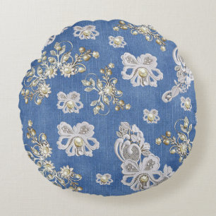 Cojín Redondo Denim Textured Lace and Pearls