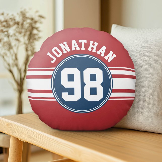 Cojín Redondo Deportes Jersey Naval Azul y Bandas Rojas Número d (Custom Pillow)
