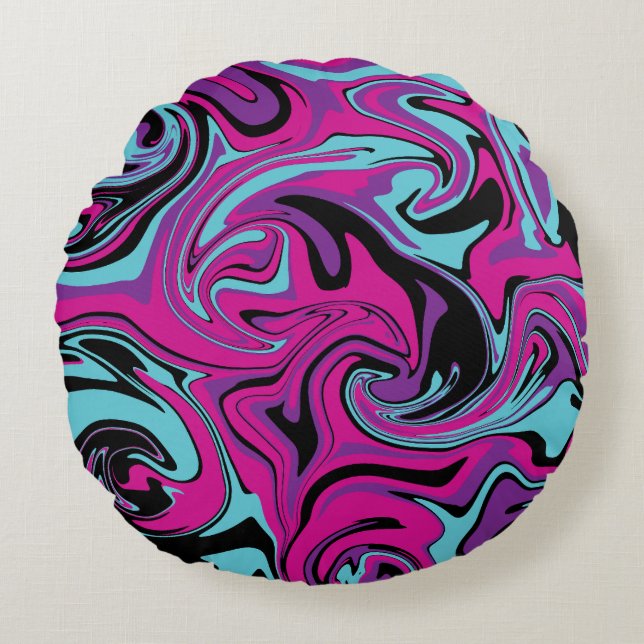 Cojín Redondo Derrame - rosa, púrpura, azul y negro (Anverso)