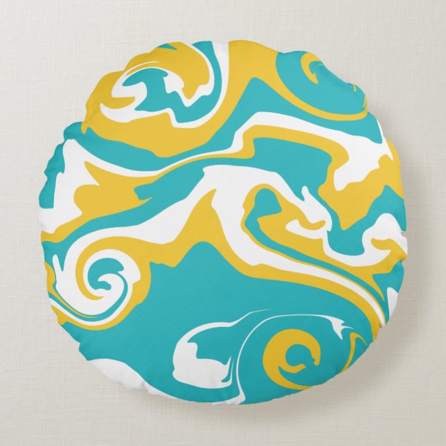 Cojín Redondo Derrame - Turquesa y Amarillo (Anverso)