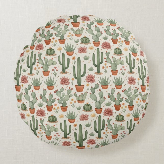 Cojín Redondo Desert Cacti Succulent Seamless Pattern (Anverso)