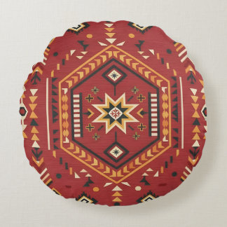 Cojín Redondo Desert Star Nomad – Vibrant Crimson Tribal Art
