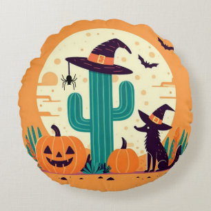 Cojín Redondo Desierto/cactus del suroeste de Halloween